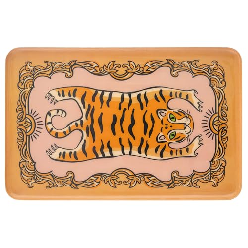 Karma, Enamel Trinket Tray, Rectangle Colorful Ring Bowl, Jewelry Dish Tray for Rings Bracelets Necklace, Large, Tiger