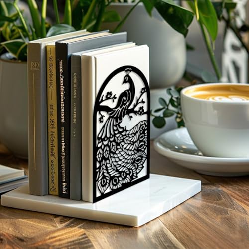 Peacoblue Metal Bookends for Shelves, Modern Decorative Heavy Duty Study Book Support Stoppers for Office, Desk, Shelf, Room 5.3"x4.3"x7.9" Cast Iron Simple Tall Bookends, 1 Pair (Peacock) - style: Peacock
