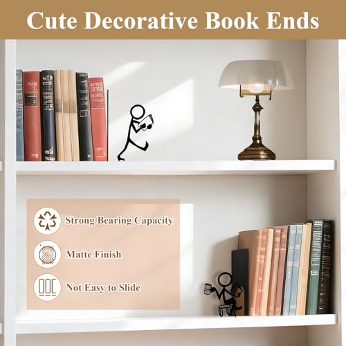 2 Pcs Metal Book Ends, Black Decorative Bookends for Shelves, Heavy Duty Non-Skid Bookend Unique Book Holder Stopper for Heavy Book Support Storage, Home Office School Library Desk Shelf Use