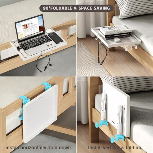 Magheo Foldable Bedside Shelf, Metal Clip-On Bunk Bed Table Shelf for Top Bunk Heavy Duty Bed Side Table Tray for College Dorm Room Essentials, Loft Nightstand Organizer Tray with 3 Cord Hole(White) - color: White, size: 14.76" x 9.68" x 0.79"