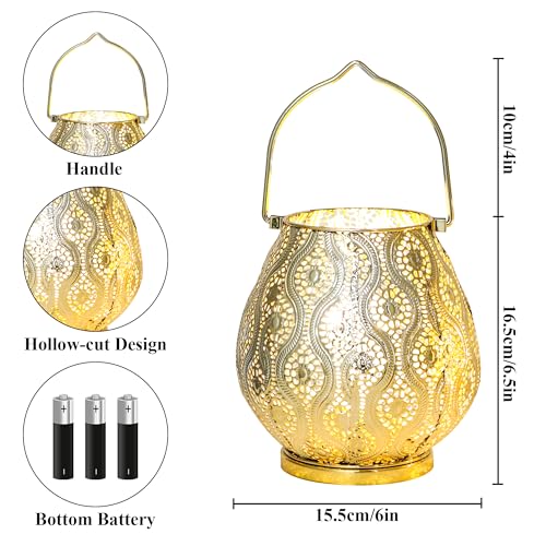 TRIROCKS Set of 2 Moroccan Decorative Lamps 8'' High Cordless Lamp Metal Table Lamps with Fairy Lights Bulb for Home Living Room Garden Yard Party Events Tabletop Indoor Outdoor(Gold) - color: Gold
