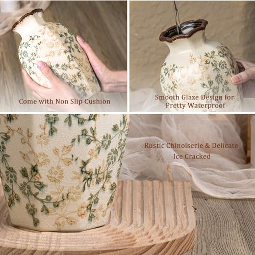 Green Vinatge Vase, Gorgeous Pastoral Octagonal Ceramic Flower Vase, Rustic Farmhouse Ice Cracked Large Chinoiserie Floral Vases for Home Decors, Cottage, Coffee Table, Bookshelf, 9.1 Inch - color: Pastoral Octagonal