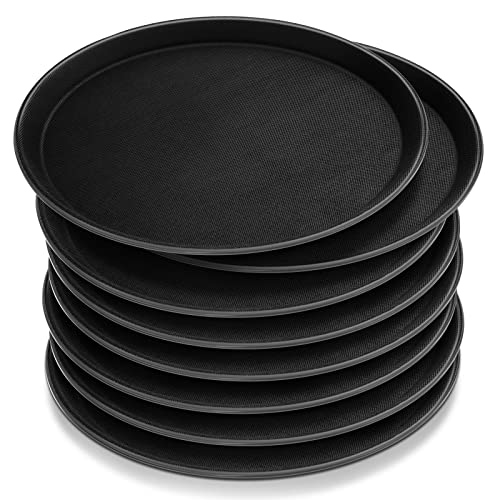 Zopeal 8 Pieces Black Round Restaurant Serving Tray, Plastic Non Slip Surface Food Meals Server Tray with Raised Edges for Home, Kitchen, Restaurant, Cafeteria, Bar (11") - size: 11"