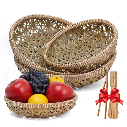 Handwoven Bamboo Basket Set of 3, Decorative Wall Basket, Boho Woven Basket Decor, Round Serving Basket for Bread & Fruit, Artisan Bamboo Storage + Tongs & Brush - style: Handwoven Bamboo Basket – Decorative Flower Weave