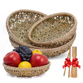 Handwoven Bamboo Basket Set of 3, Decorative Wall Basket, Boho Woven Basket Decor, Round Serving Basket for Bread & Fruit, Artisan Bamboo Storage + Tongs & Brush - style: Handwoven Bamboo Basket – Decorative Flower Weave