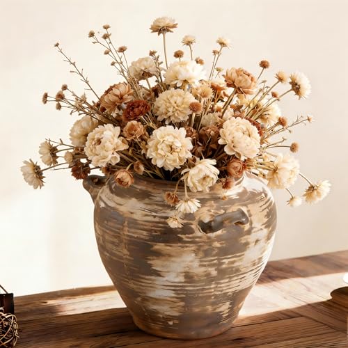 Ceramic Flower Vase 7 inch Rustic Farmhouse Vase with Handles for Home Decor Vintage Decorative Vases for Bookshelf, Table, Mantle Fireplace, Living Room, Bathroom, Wedding Retro Brown - color: 7 Inch-retro