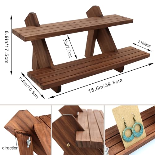 51pcs 2-Tier Wood Earring Display Stand, Retail Display Riser Earring, Ring Holder Stand, Removable Countertop Small Merchandise Display Stand with 50 Pcs Earring Card (Light brown) - color: 2 Tier