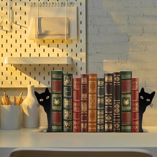 Cat Bookends for Heavy Books, 9.5 Inch Tall Metal Book Ends for Shelves, Decorative Black Iron Book Stoppers for Home Office Decor, 1 Pair
