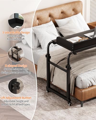 Saifu Overbed Table with Wheels,Adjustable Height & Length Laptop Desk for Bed,King & Queen Size Beds Bed Table,Rolling Standing Desk,Over Bed Table for Working Reading Eating,Black - color: Black