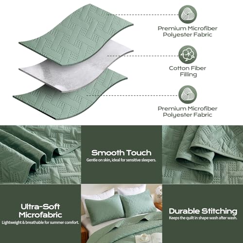JYHOPE Sage Green Twin Quilt Set 68x90 Lightweight Microfabric Bedspread, 3-Piece Quilt Bedding with Pillow Shams, Summer Cooling Quilts, Ribbon Wrapped Gift - color: Weave Pattern-sage Green, size: Twin(68x90)