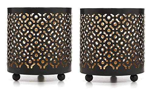 Hosley Set of 2 Black (Gold Inside) Metal Jar Holder Candle Sleeve 4.5" High. Votive, Tea Light Lanterns Ideal Gift for Weddings, Parties, Spa and Aromatherapy O6 - color: Black (Gold Inside) 2 Pack, size: 4.5 inch High