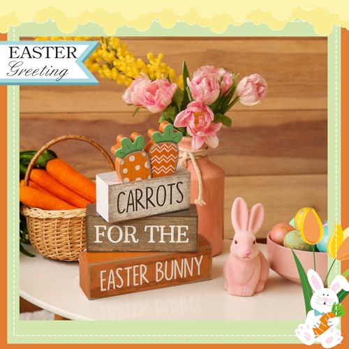 Lineshading 4 Pcs Easter Decor Wooden Carrot Decoration Easter Tiered Tray Decor Rustic Wooden Carrot Block Sign Carrots Table Centerpiece Farmhouse for Party Home Kitchen - style: Carrots