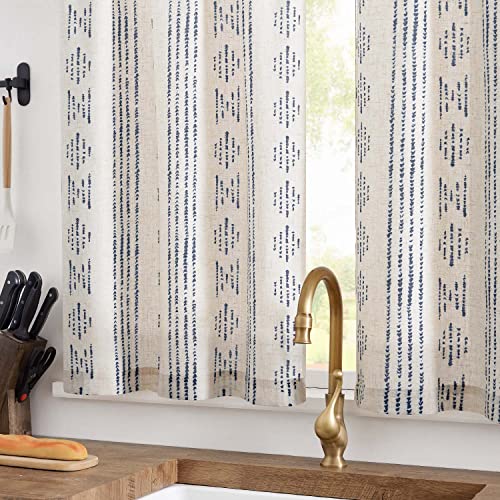jinchan Boho Kitchen Curtains Linen Tier Curtains 24 Inches Bohemian Cafe Small Drapes Striped Mudcloth Farmhouse for Bathroom RV Camper Light Filtering Rod Pocket 2 Panels Blue on Beige - color: Boho Blue on Beige, size: 26"W x 24"L (Pack of 2)