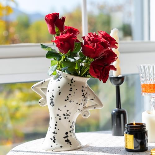 COTYNI Ceramic Vase with Attitude, Unique Flower Vase for Home Decor, Sassy Decorative Vase for Flowers, Cute Boho Vase for Bookshelf Decor, Vintage Quirky Electic Funky Decor for Living Room