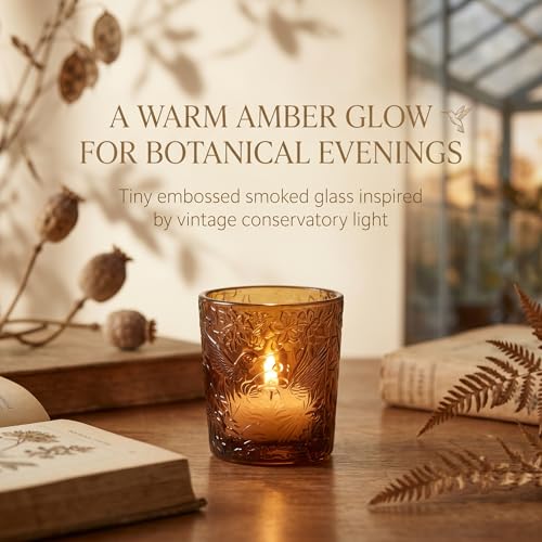 12 Pack Hummingbird Embossed Glass Candle Holders – Votive Tealight Holders with Patent Design, Decorative Embossed Glass Cups for Wedding Centerpieces, Parties, and Home Décor (Chestnut Brown) - color: Chestnut Brown