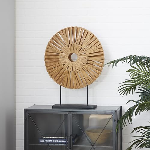 Deco 79 Plastic Rattan Abstract Handmade Decorative Sculpture Home Decor Statue with Black Stand, Accent Figurine 22" x 6" x 29", Brown