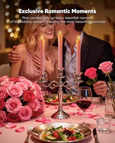 Homemory 6 Pcs Real Wax Pink Flameless Taper Candles with Remote Timer, 9.6 Inches LED Fake Candlesticks, LED Candle with 3D Flickering Flame for Romantic Wedding, Dinner, Xmas Anniversary Decor - style: Romantic - Pink 9.6"