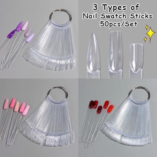 150 Pcs Nail Swatch Sticks with Ring & Nail Art Display Stand Storage Rack, Clear Ballerina Square Stiletto Nail Art Polish Color Display Practice Tips, Nail tech Supplies for Home or Salon Use - color: Black Shelf