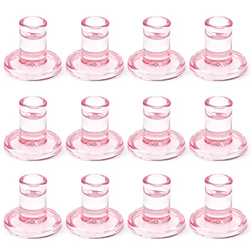 12PCS Pale Pink Taper Candle Holders, Glass Crystal Candlestick Holders Bulk, Clear Candle Holders for Dining Table Centerpiece，More Suitable for Weddings - color: Pink 12pcs