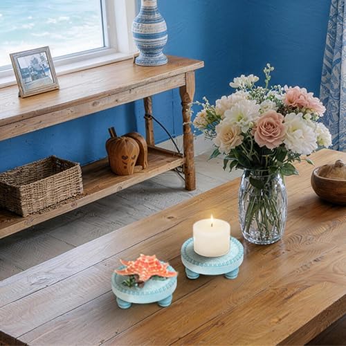 Farmhouse Round Wood Tray Riser, Pedestal Stand with Beaded Edge, Rustic Wooden Candle Trays Decor for Tiered Tray, Candle, Mug Display Decorative, Table Centerpiece, Blue Green - color: Blue Green, size: Set of 2