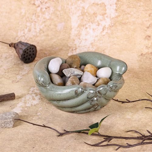Ceramic Hands Bowl Dish Sculpture, Giving Hands Candy Holder for Succulent Planter, Crystal Rock Holder, Office, Keys Bowl for Entryway Table (Vintage Green) - color: Vintage Green