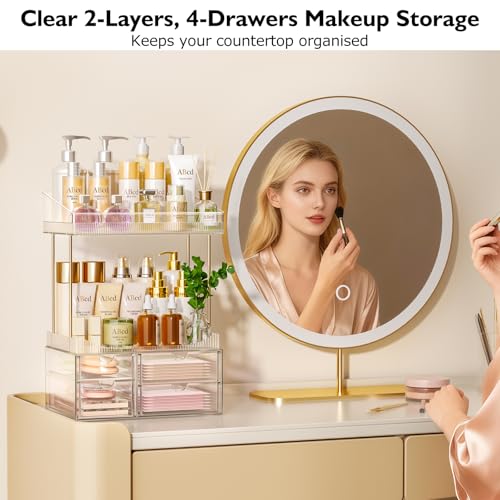 SNSLXH Makeup Organizer Bathroom Storage- 4 Tier 4 Drawer Makeup Storage, Transparent Clear Cosmetics Organiser, Ideal for Cosmetic Perfume Skincare, for Countertop, Bathroom, Office Supplies, Dresser - color: Clear