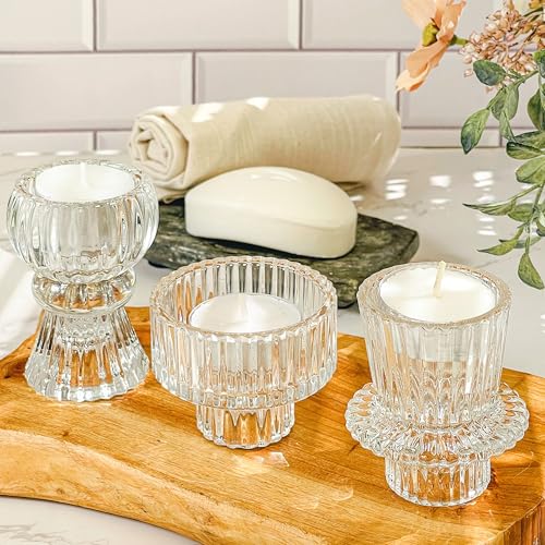 Kate Aspen Vintage Ribbed Glass Black Candlestick Holders, Pillar Candle, Tealight & Votive Candle Holders (Set of 6, 3 Assorted Sizes), Dining Table Decor, Shelf Decor, Centerpiece - color: Clear
