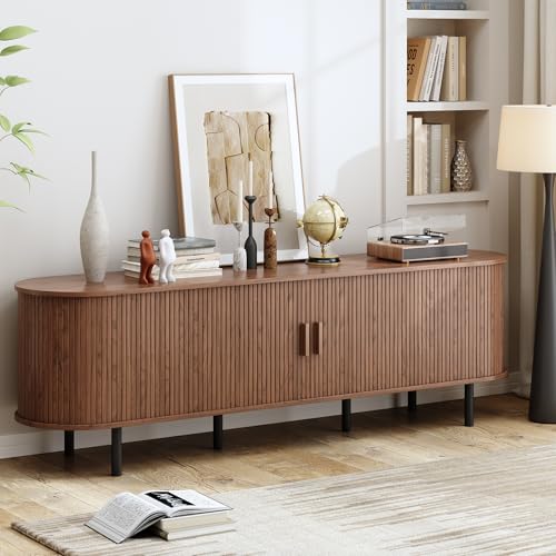 70.8" TV Stand with Power Outlet, Mid-Century Modern Television Stand, Fluted Media Console with Sliding Doors, Entertainment Center for TVs up to 60 Inch, Adjustable Shelves, Walnut - color: Walnut, size: 70.8 Inch