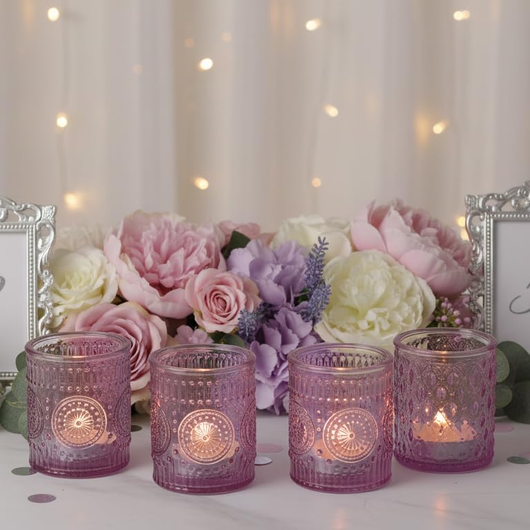 LETINE 16 Pack Purple Votive Candle Holders for Tea Lights Candles, Assorted Glass Candle Holder Bulk Set with 4 Patterns for Home Decor, Parties & Spring Summer Wedding Centerpieces - color: Purple