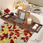 Temple Spring Bamboo Bathtub Tray Caddy for Tub — Expandable Wood Bath Tray with Solid Book Stand Wine Holder and Non-Slip Pads — Includes Bamboo Soap Dish and Spa Accessories — Luxury Bath Gift Set - color: Brown