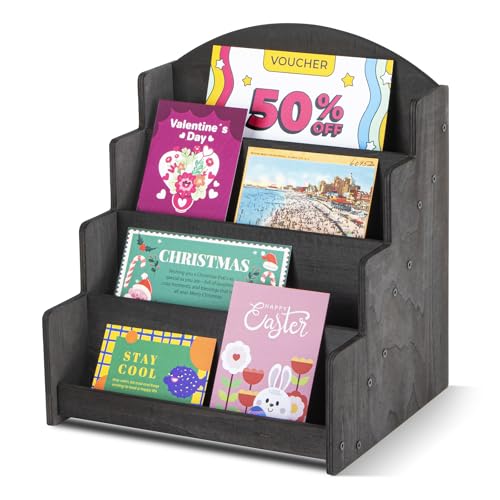 PUERSI Greeting Card Display Stand, Wooden 4-Tier Postcard Display Stand Holder for Sticker, Vendors, Retail Stores, Black - color: Black