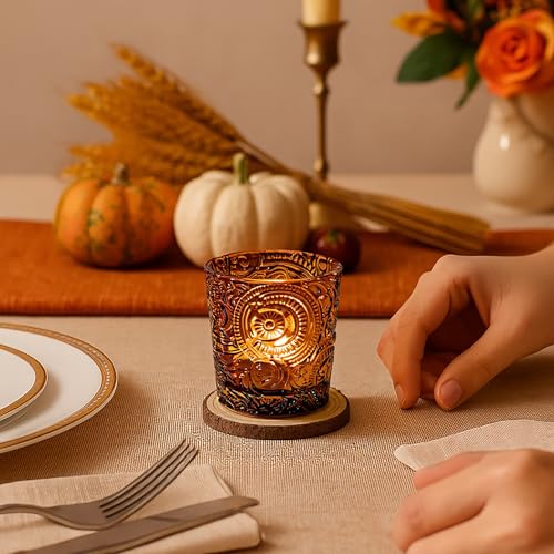 6 Pack Sun Moon Star Embossed Glass Tea Light Candle Holders - Votive Candle Holders for Wedding, Party, Home Decor, and Table Centerpieces (Chestnut Brown) - color: Chestnut Brown