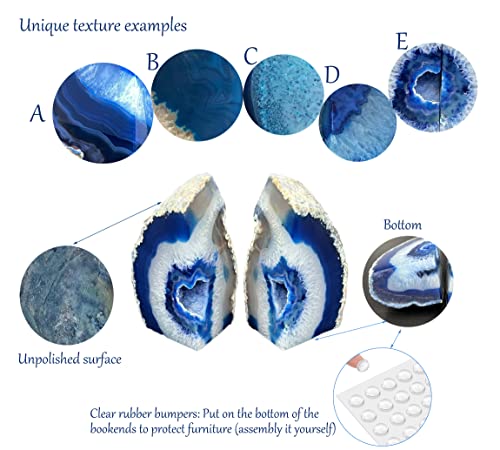 AMOYSTONE Natural Blue Agate Geode Bookends, Decorative Book Ends for Shelves, Stackable Book Stopper for Small Books, Unique Agate Stone Bookends, 2-3 LBS, Perfect for Home Office Decor - color: Blue, size: 2-3 Pounds