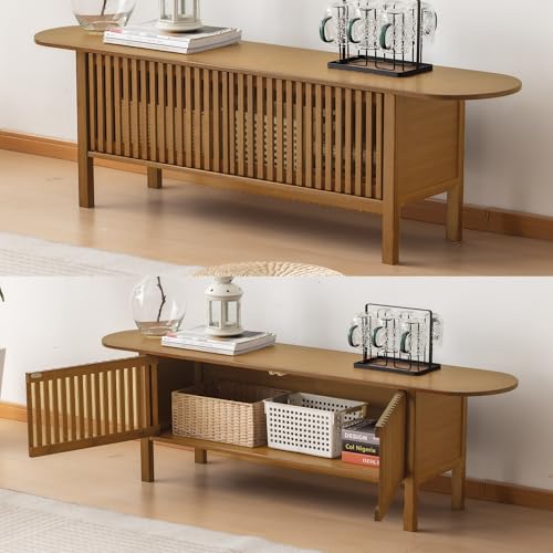 Bamboo TV Stand for TVs up to 65", Accent Entertainment Center with Storage, Media Console Table with Fence Door, Modern TV Stand for Living Room, Bedroom, 55"(L), Walnut - color: Walnut Fence Door