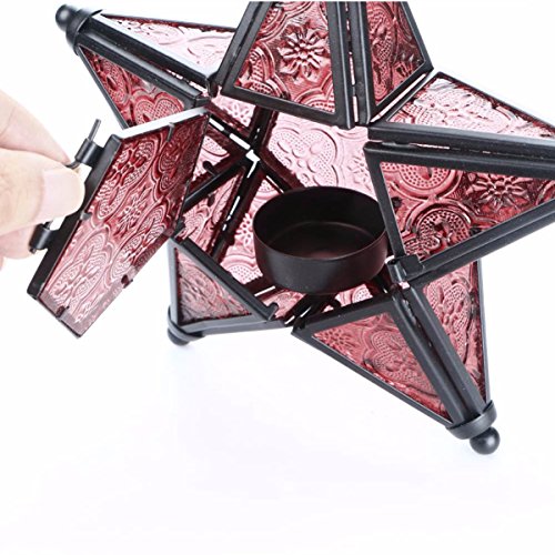 Morocco Metal Star Glass Lantern Wall Hanging Candle Holder for Decorative Wedding Party Home Decoration Birthday Party (Red) - color: Red