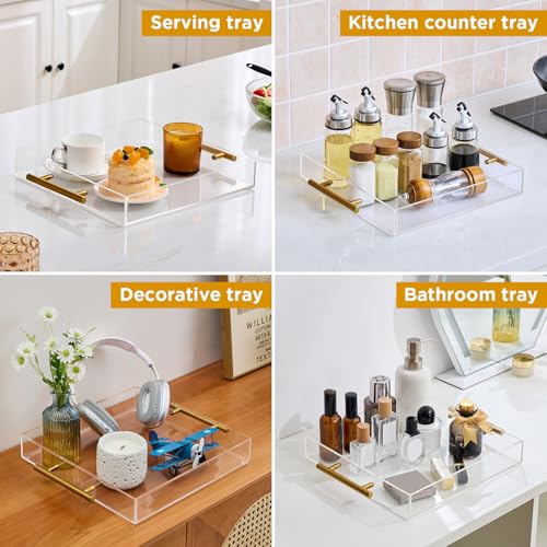 12"x12" Clear Acrylic Serving Tray with Golden Handles, Sturdy Huge Capacity Acrylic Trays for Coffee, Juice, Kitchen and Desk Organizer, Storage Tray (12"x12") - size: 12" x 12" x 2"