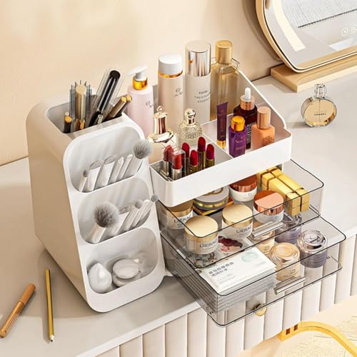 Booklov Makeup Organizer for Vanity, Large Capacity Cosmetic Display Case with Clear Acrylic Drawer, Countertop Beauty Storage Holder for Skincare, Brush Eyeshadow Lipstick Counter Desk, Crystal White - color: Crystal White, size: L01
