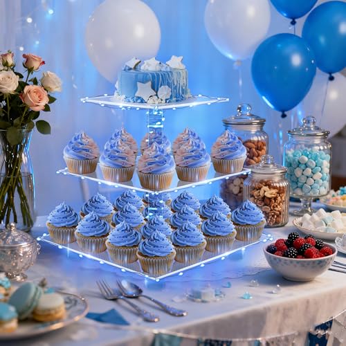 YestBuy 3 Tier Square Cupcake Stand - Premium Cupcake Holder - Acrylic Cupcake Tower Display - Cady Bar Party Décor + LED Light String - Ideal for Weddings, Birthday Parties( Blue Light) - color: Blue, size: 3 Tier Square