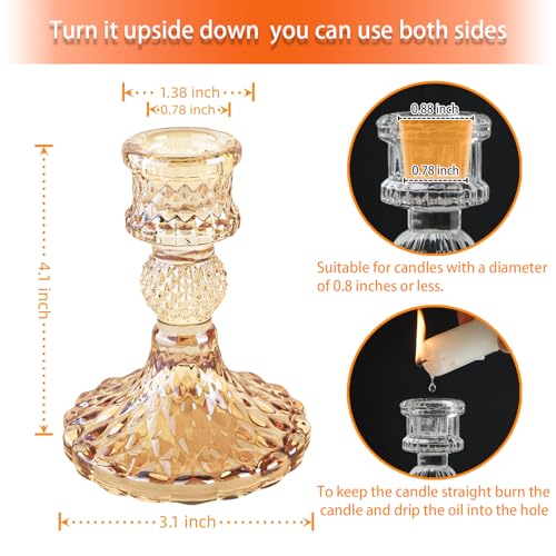 Glass Candlestick Holder,Striped Taper Candle Holders,Set of 6 Candle Stand for Table Centerpieces, Home Decor,Weddings,Festival and Parties (Amber Dimond Pattern) - color: Amber Dimond Pattern