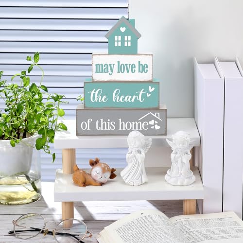 Cinnvoice 4 Pcs Farmhouse Tabletop Decor Rustic Family Blessed Home Table Centerpiece This Is Us Sign for Kitchen Shelf Desk Fireplace Mantel Tiered Tray Decor(May Love Be the Heart of This Home) - style: May Love Be the Heart of This Home