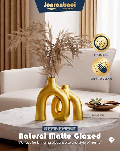 Hug Donut Decorative Vase Set - Golden Modern Classic Transitional Style Vases Home Decor, Matte Ceramic Decorations for Living Room Shelf, Bookshelf Mantle Entryway Table or Console Décor (Gold) - color: Gold