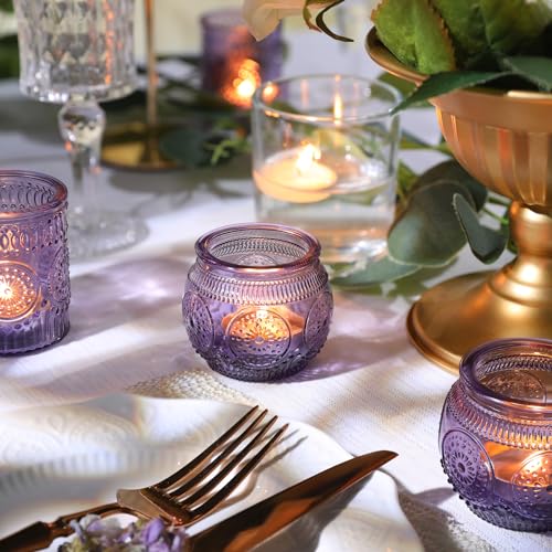 30pcs Assorted Purple Votive Candle Holders for Wedding Decorations, Boho Glass TeaLight Candle Holder, Wedding Table Centerpieces, Bridal Shower Decorations, Retro Purple Party Decor, Party Favors - color: Purple