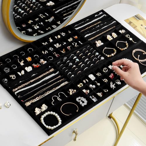 SPAKOWN Jewelry Drawer Organizer Inserts Set of 9, Jewelry Trays for Drawers Velvet Jewelry Organizer Tray Drawer Jewelry Organizers and Storage for Earring Ring Necklace Watch Bracelet (Black) - color: Black