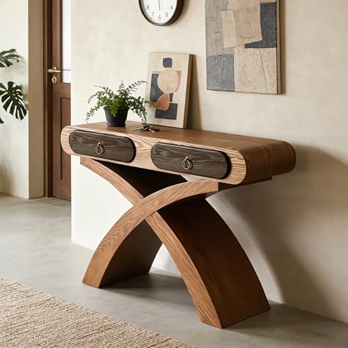 WILLIAMSPACE 47.24" Oval Console Table with Cross Leg & 2 Drawers, Mid Century Modern Wooden Entryway Sofa Table Hallway Table for Living Room, Foyer - Brown - color: 47.24" Oval Console Table With Cross Leg,brown