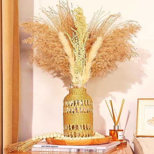 ZENS Wicker Boho Vase Set of 2, Glass Flower Vase with Hand Woven Rattan Cover for Pampas Grass, Artistic Boho Country Vases for Fall Flower Decor, Home Table Centerpiece, Farmhouse Decorative - size: 2