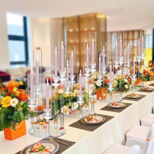 4PCS 5 Arm Acrylic Candelabra for Table Wedding Centerpiece,Crystal Clear Candle Stick Holders Candelabra Centerpiece Stands with Removable Lampshade for Party Easter Baby Shower Fit 0.8 LED Candle - size: 22.6"Tall