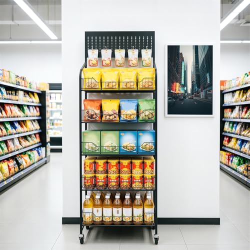 5-Tier Metal Display Rack Large Snack Shelving Unit with Hanging Panels and 12 Hooks 4 Casters for Easy Mobility Freestanding Display Unit Ideal for Supermarkets and Retail Stores (65.23H*23.8W*10.4D) - size: 65.23H*23.8W*10.4D