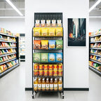 5-Tier Metal Display Rack Large Snack Shelving Unit with Hanging Panels and 12 Hooks 4 Casters for Easy Mobility Freestanding Display Unit Ideal for Supermarkets and Retail Stores (65.23H*23.8W*10.4D) - size: 65.23H*23.8W*10.4D