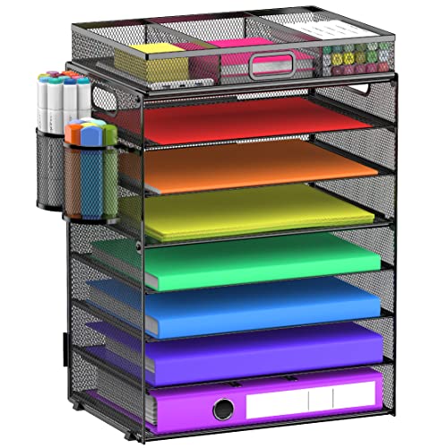 8 Tier Paper Letter Tray Organizer with Handles, Mesh Desk File Holder Storage Organization for Home School Classroom & Office (Black-with Drawer,Pen Holders) - color: Black-with Drawer,pen Holders