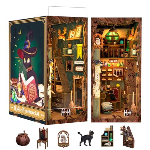Cutefun Book Nook Kit, DIY Miniature Dollhouse Booknook for Adults, 3D Wooden Puzzle Bookend Bookshelf Insert Decor with LED Light, Gift for Craft Lovers (Magic Pharmacist) - style: Magic Pharmacist